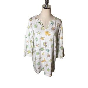 Icantoo Top Women's Size Medium White Sea Shells 100% Cotton Long Sleeve